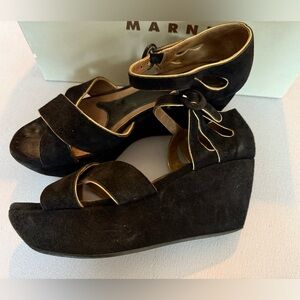 Marni Black Suede Gold Trim Wedge Sandals - Size 7